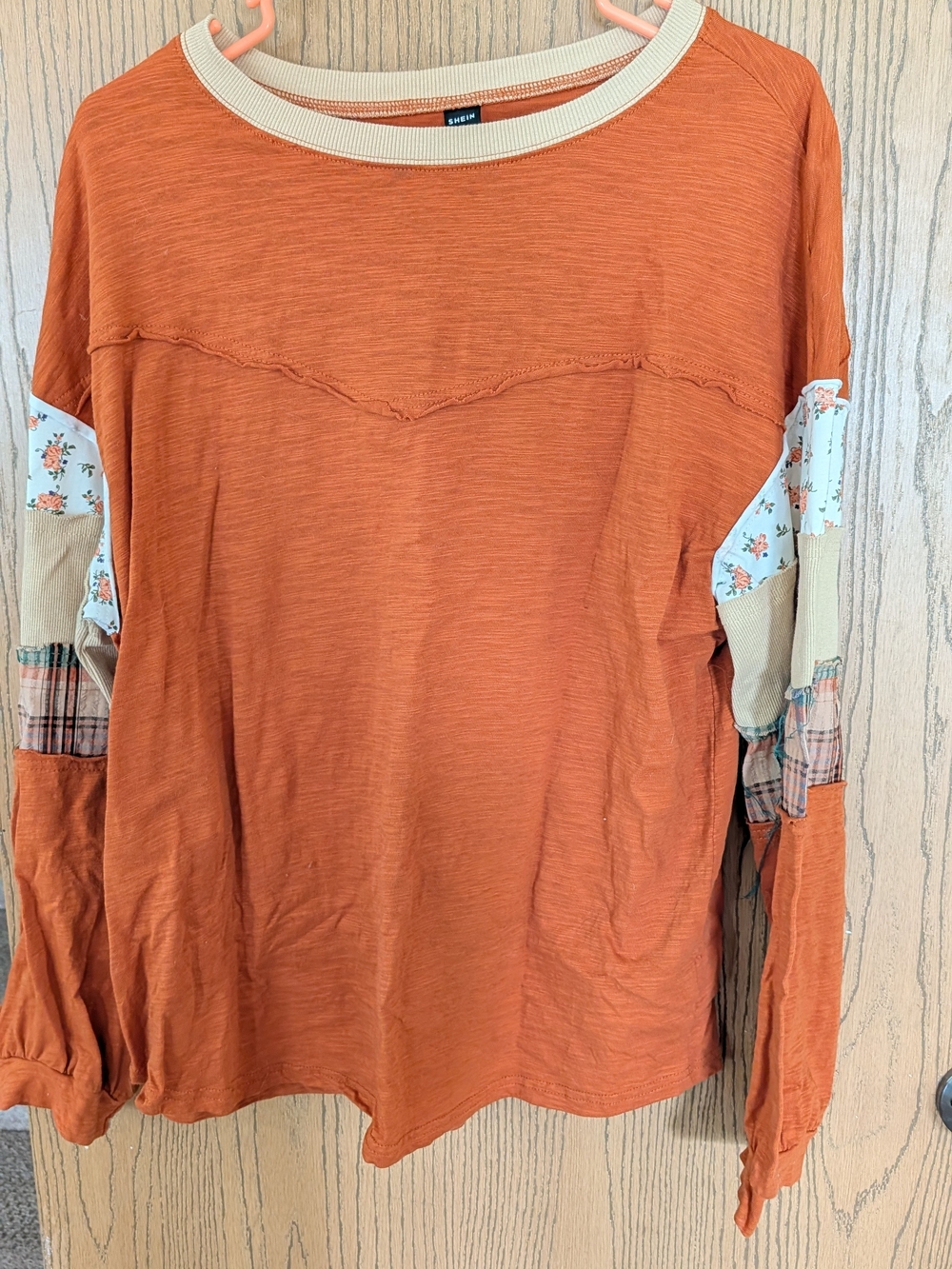 SHEIN Orange Long Sleeve Patchwork Top with Floral Accents